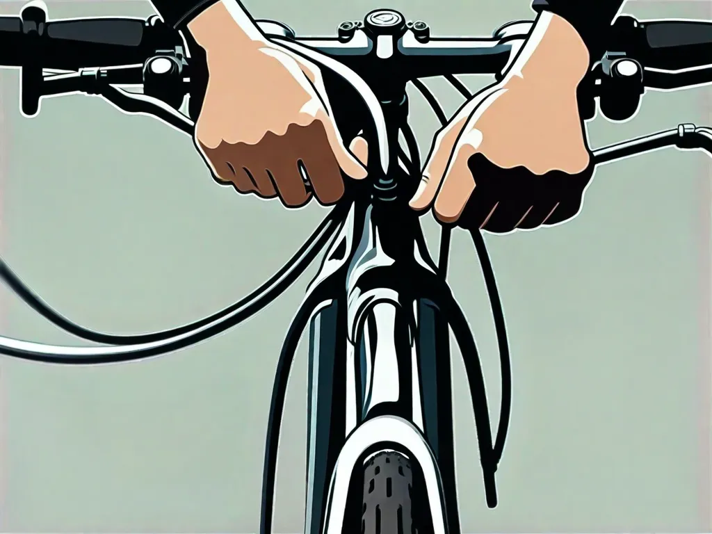 Uma imagem em close das mãos de um ciclista ajustando a altura do guidão em uma bicicleta. O foco está na chave apertando os parafusos, destacando a importância da altura adequada do guidão para o conforto e controle durante o passeio.