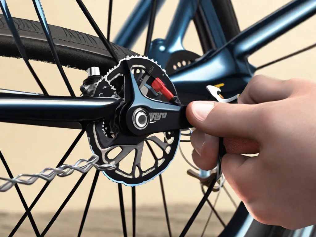 Descrição da imagem: Um close-up das mãos de uma pessoa ajustando os cabos de freio em uma bicicleta. A pessoa está usando uma chave pequena para apertar a tensão do cabo, garantindo que os freios estejam alinhados e responsivos.
