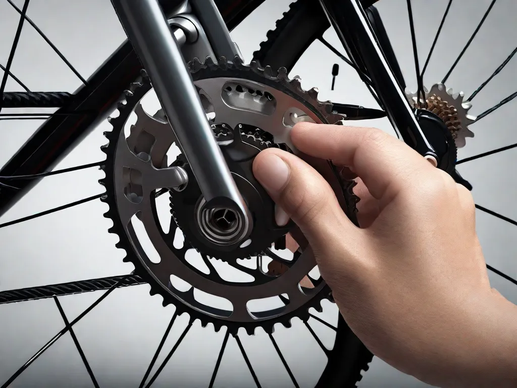Descrição da imagem: Um close-up das mãos de um ciclista ajustando as marchas em uma bicicleta. Os dedos manobram delicadamente os câmbios, enquanto a corrente desliza suavemente pelos cogs. O foco está nos componentes mecânicos intrincados, destacando a precisão necessária para ajustar com precisão as marchas da bicicleta.