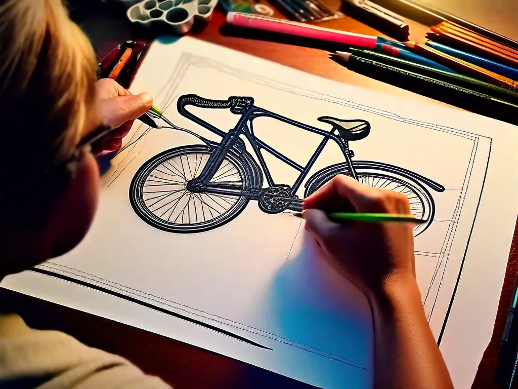 Nesta imagem, vemos as mãos de um artista segurando um lápis e esboçando o contorno de uma bicicleta em uma folha em branco. O artista traça cuidadosamente as curvas e ângulos, capturando a essência do quadro da bicicleta. A imagem mostra o processo criativo de dar vida a uma bicicleta através da arte.