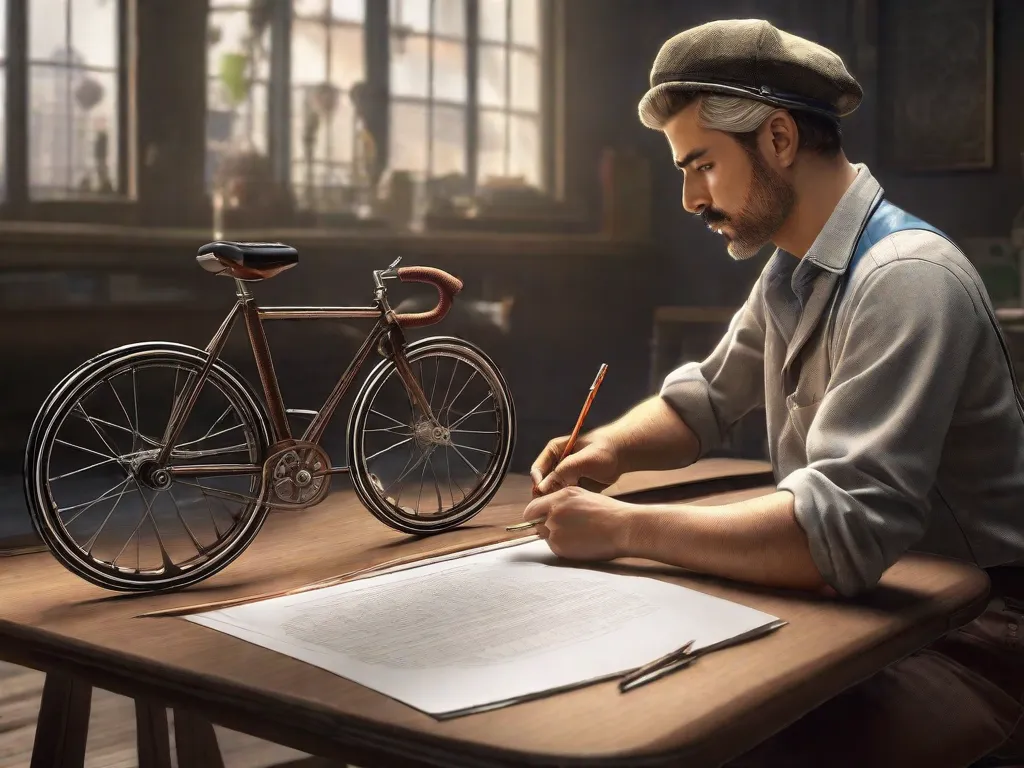 Nesta imagem, um artista habilidoso é retratado sentado em uma mesa, segurando um lápis e uma folha em branco. O artista está no processo de desenhar uma bicicleta, contornando cuidadosamente o quadro, as rodas, os pedais e o guidão. A mão do artista se move com precisão, capturando os detalhes intricados do design da bicicleta.