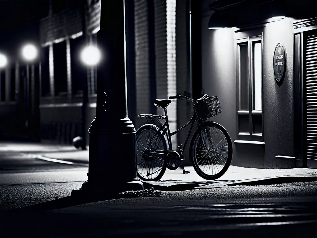 Descrição da imagem: uma fotografia em preto e branco de uma bicicleta trancada com corrente a um poste de luz em um beco pouco iluminado. Os pneus da bicicleta estão levemente vazios, e um sentimento de abandono e vulnerabilidade é transmitido através do ambiente vazio ao redor. A imagem captura o medo e a ansiedade associados à perda de uma bicicleta roub