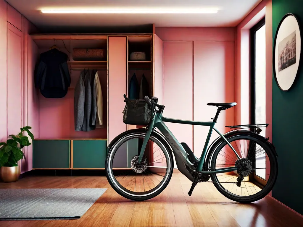 Descrição da imagem: Uma bicicleta elegante e moderna, com um quadro dobrável, está estacionada em um pequeno apartamento. A bicicleta está dobrada de forma organizada e armazenada contra a parede, mostrando seu design que economiza espaço. Próximo a ela, um suporte de armazenamento contém vários acessórios e equipamentos para bicicletas, enfatizando a conveniência e facil