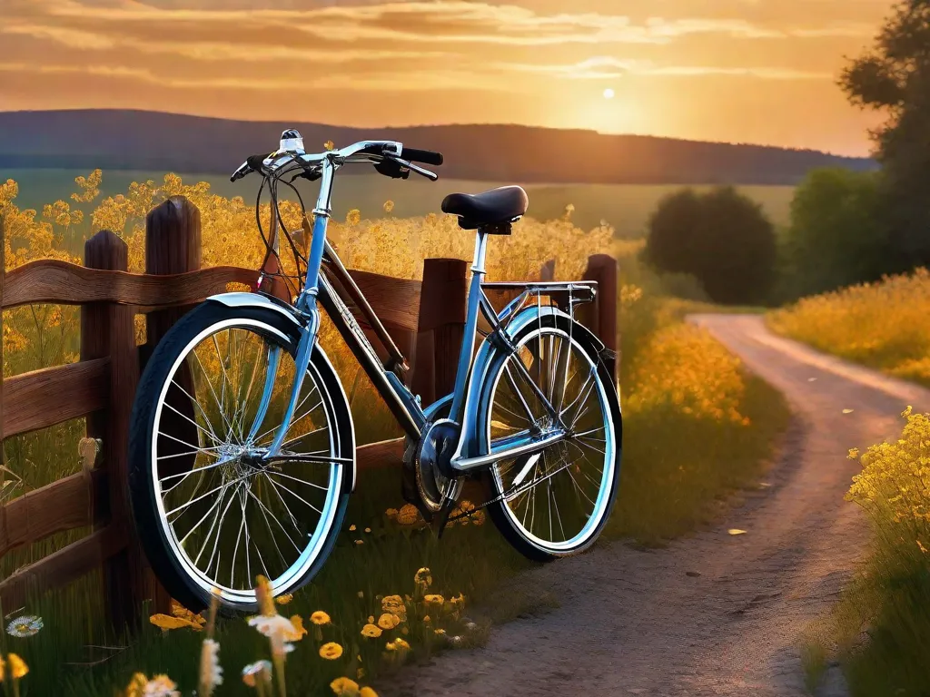 Uma imagem cÃªnica de uma bicicleta encostada em uma cerca de madeira rÃºstica, com uma estrada aberta se estendendo Ã  frente, ladeada por campos de flores silvestres e um pÃ´r do sol lanÃ§ando uma tonalidade dourada quente sobre a paisagem, evocando uma sensaÃ§Ã£o de aventura e a alegria do turismo de ciclo.