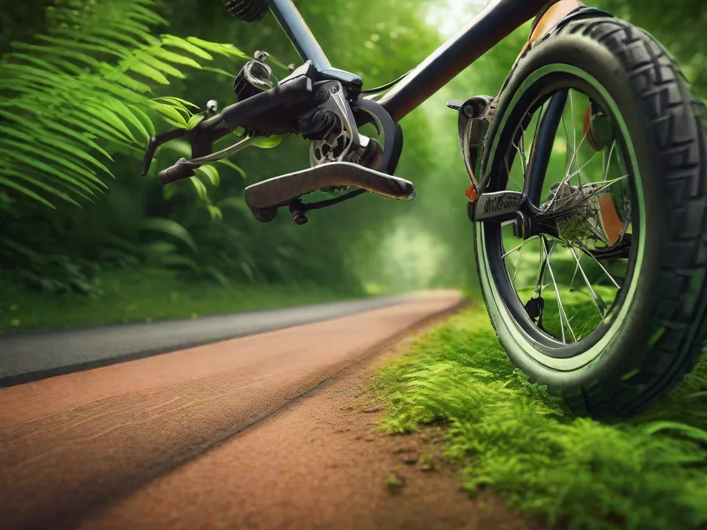 Uma imagem em close-up de um pneu de bicicleta rolando sobre uma estrada sinuosa e vibrante, cercada por vegetação exuberante. O pneu deixa um rastro de poeira para trás, simbolizando a exploração de novos caminhos e as infinitas possibilidades que aguardam os ciclistas em suas jornadas.