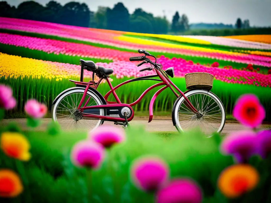 A imagem mostra uma bicicleta solitária em um campo aberto, cercada por flores coloridas. A bicicleta representa liberdade, movimento e a jornada da vida. Essa imagem simboliza a busca dos sonhos e a importância de seguir em frente, mesmo diante dos desafios.