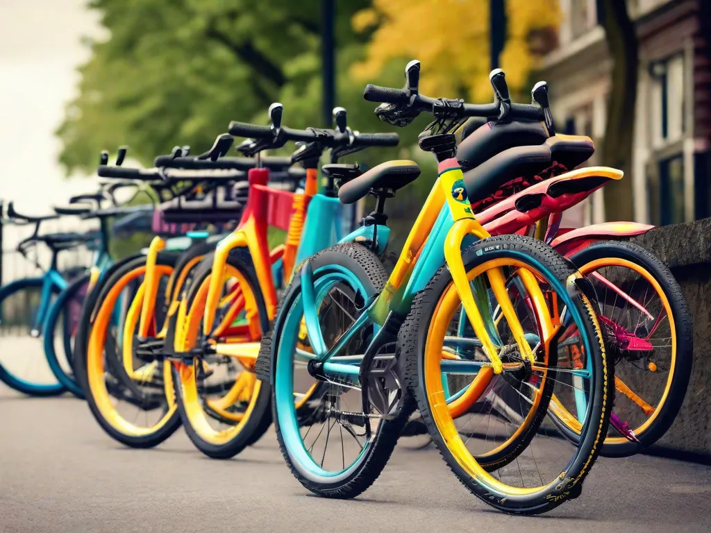 Descrição: Uma imagem vibrante mostrando uma variedade de bicicletas híbridas alinhadas contra um cenário pitoresco. Cada bicicleta é projetada de forma única, com uma mistura de características de bicicletas de estrada e mountain bikes, oferecendo versatilidade para deslocamentos urbanos e aventuras off-road. As bicicletas variam em cores, tamanhos e estilos, fornec