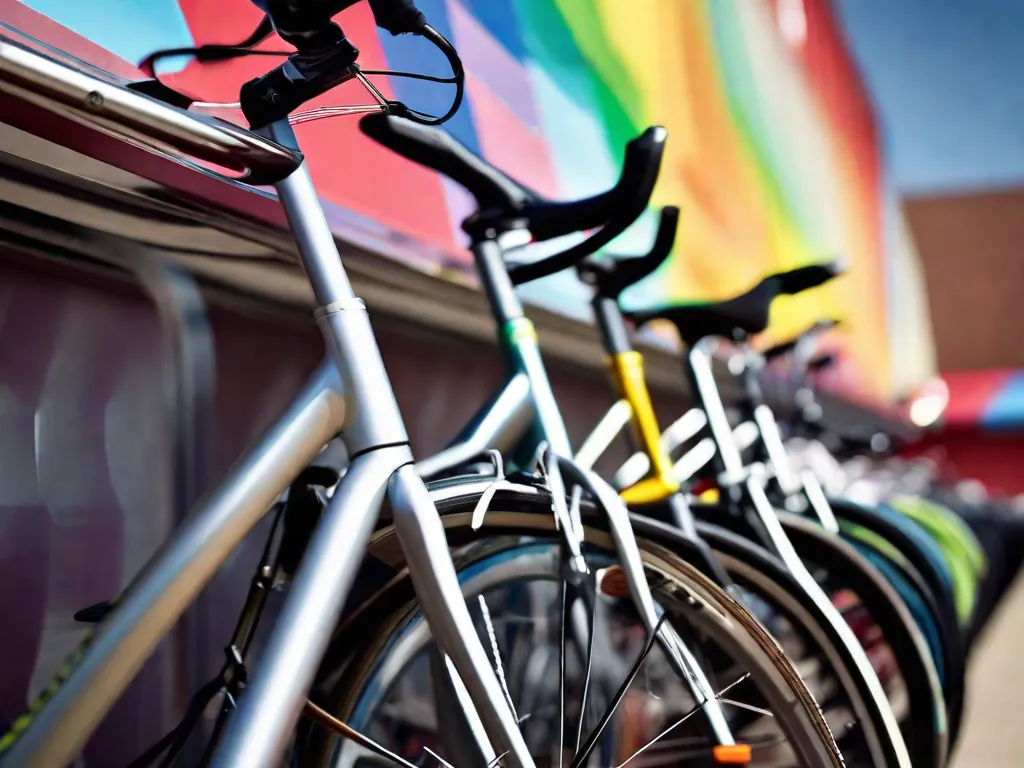 Descrição: Uma imagem em close-up de uma variedade de bicicletas alinhadas contra um fundo colorido. Cada bicicleta representa um estilo diferente, incluindo bicicletas de estrada, bicicletas de montanha e bicicletas híbridas. Essa imagem ilustra o processo de escolher a bicicleta perfeita com base nas preferências individuais e no estilo de pedalada.