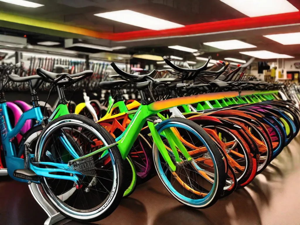 Descrição da imagem: Uma variedade colorida de bicicletas alinhadas em uma loja de bicicletas. Cada bicicleta representa uma faixa de preço e opção diferente, mostrando a variedade disponível para os consumidores. Desde modelos elegantes e de alta qualidade até opções acessíveis e econômicas, há uma bicicleta para cada orçamento e preferência.