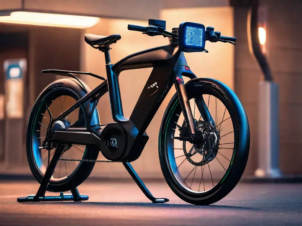 Uma bicicleta elÃ©trica elegante estacionada ao lado de uma estaÃ§Ã£o de carregamento de alta tecnologia, com o visor da bateria aceso. GPS integrado e um smartphone montado no guidÃ£o exibem as Ãºltimas tecnologias para ciclismo.