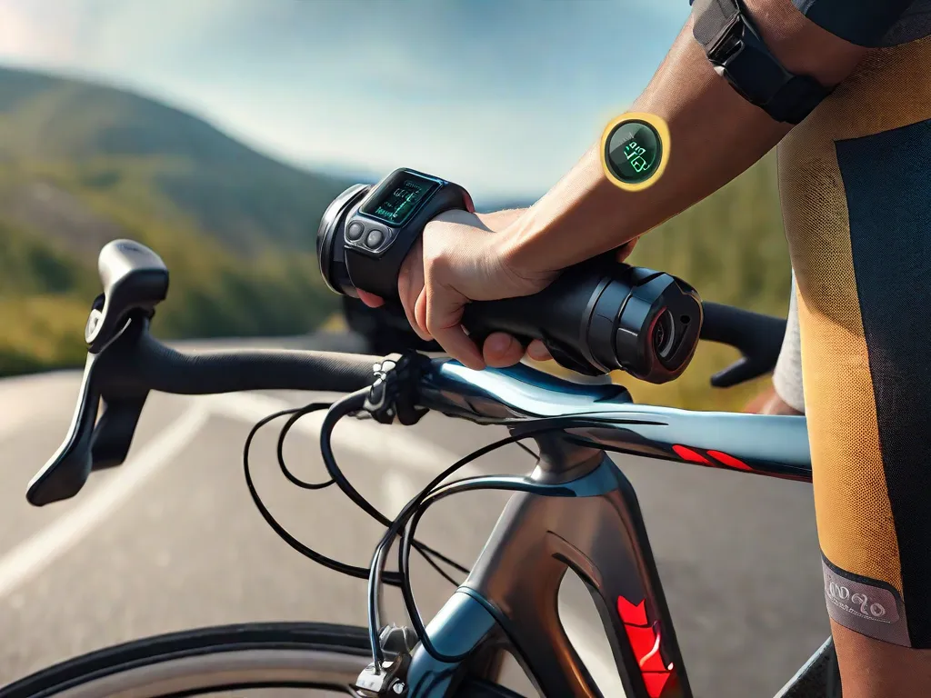 Uma imagem em close-up do guidÃ£o de uma bicicleta, com um monitor de atividade mostrando a frequÃªncia cardÃ­aca e uma garrafa de Ã¡gua ao fundo, simbolizando os benefÃ­cios para a saÃºde do ciclismo.