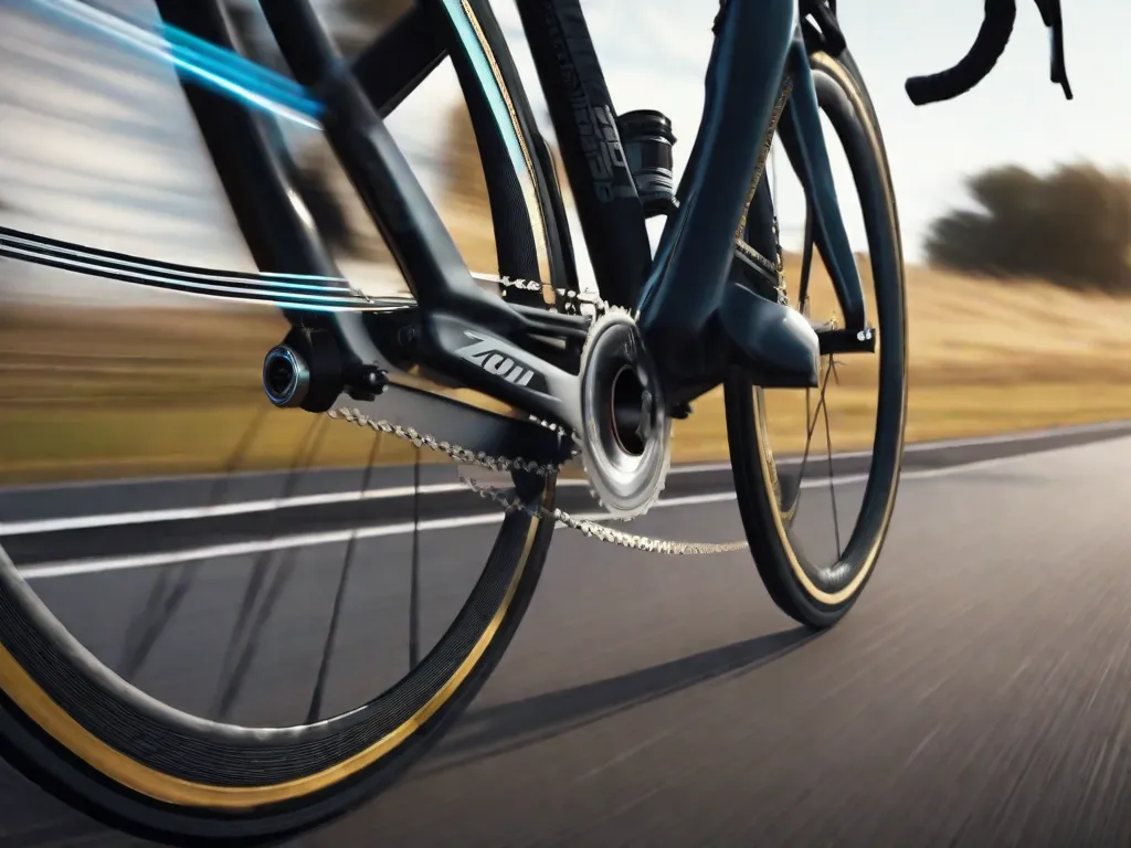Um close-up de uma bicicleta de estrada elegante, seus pneus girando rapidamente enquanto ela desliza por uma estrada aberta. O fundo desfocado cria uma sensação de velocidade, capturando a emoção de pedalar em alta velocidade.