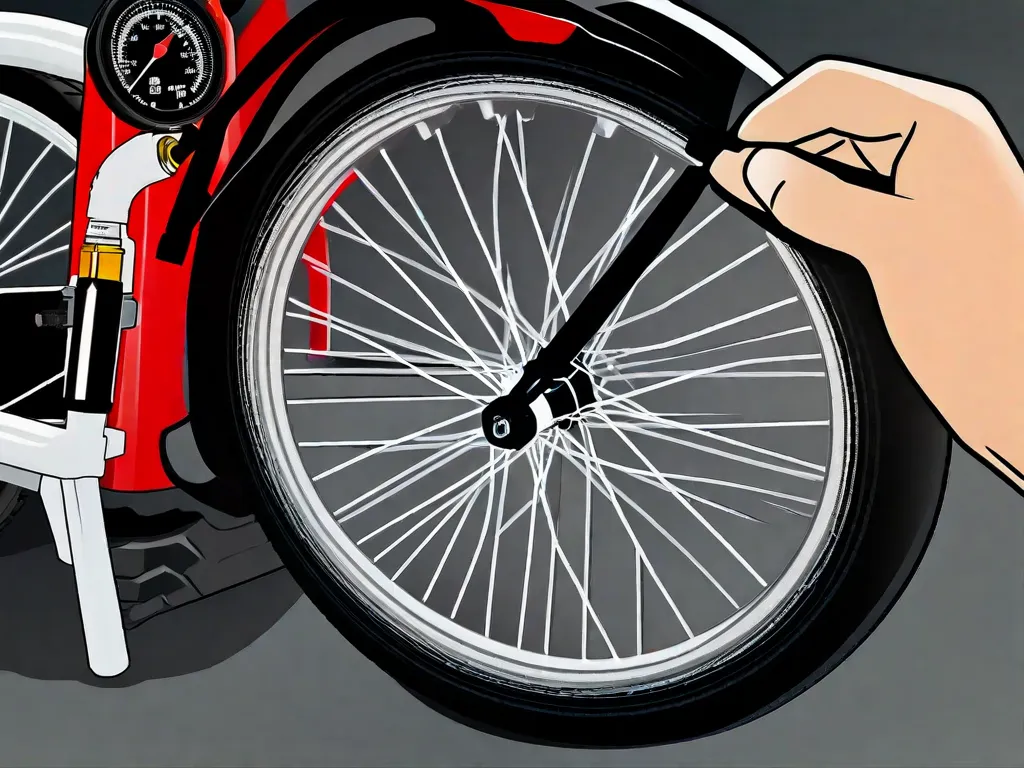 Descrição da imagem: Um close-up de um pneu de bicicleta sendo inflado, com um medidor de pressão acoplado a ele. O foco está no medidor, mostrando a leitura correta da pressão. O fundo é composto por um ambiente de oficina com várias ferramentas e peças de bicicleta, indicando a importância da inflação adequada dos pneus para um desempenho e segurança