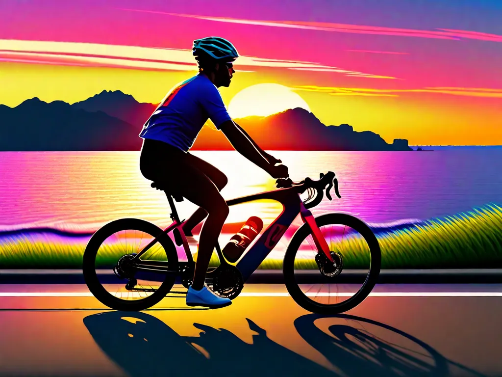 Descrição: Uma imagem vibrante de uma pessoa pedalando uma bicicleta em uma estrada costeira cênica. O ciclista está usando um capacete e uma camisa de ciclismo colorida, exalando um senso de aventura e liberdade. O cenário mostra um pôr do sol deslumbrante sobre o oceano, inspirando iniciantes a embarcar em sua jornada de ciclismo.
