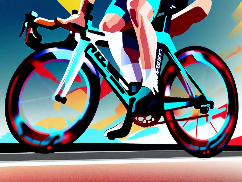 Uma imagem em close-up das pernas de um ciclista pedalando furiosamente, destacando a importância da resistência no ciclismo. Os músculos estão definidos e brilhando com suor, enfatizando as demandas físicas do esporte.