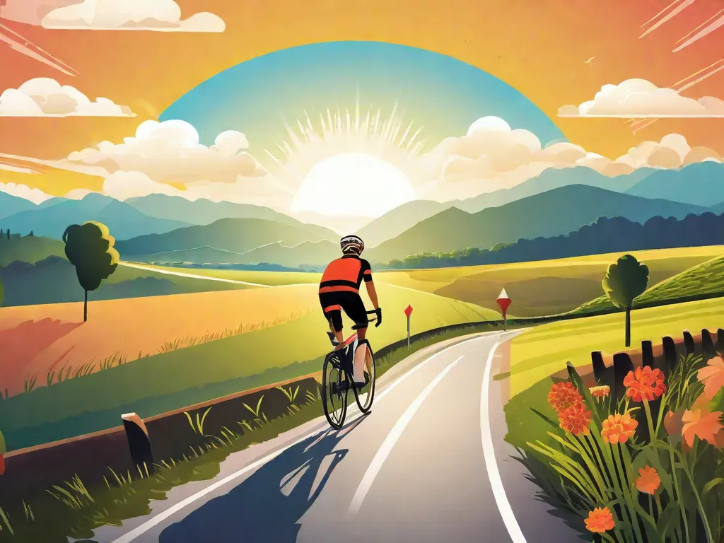 Uma imagem de um ciclista pedalando por uma paisagem campestre pitoresca, com o sol brilhando intensamente no céu. O ciclista está usando um capacete e um sorriso estampado no rosto, transmitindo uma sensação de alegria e liberdade. Essa imagem representa os diversos benefícios do ciclismo, como o melhoramento da forma física, bem-estar mental e a oportunidade de se