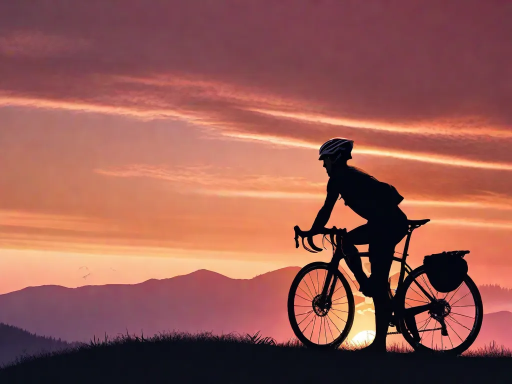 Um ciclista estÃ¡ de pÃ© no topo de uma colina ao nascer do sol, silhueteado contra o cÃ©u resplandecente, alongando-se ao lado de sua bicicleta de estrada. A imagem capta a essÃªncia da preparaÃ§Ã£o fÃ­sica, com a estrada aberta Ã  frente e uma paisagem que promete um passeio desafiador.