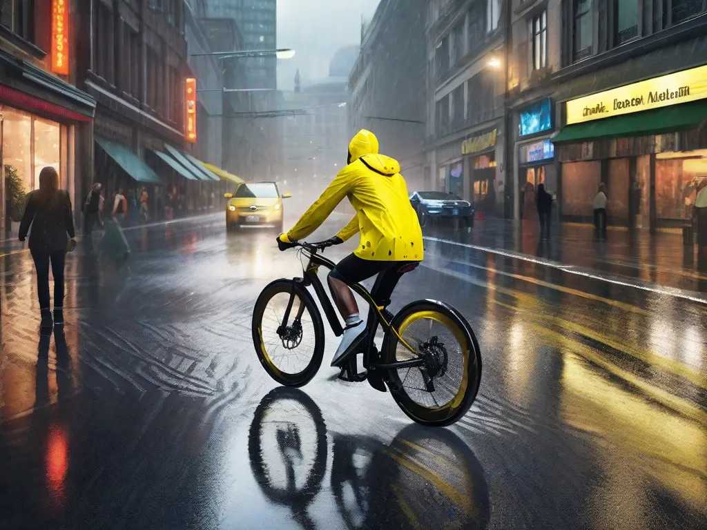 Descrição da imagem: Um ciclista usando uma jaqueta amarela brilhante está pedalando por uma rua da cidade encharcada de chuva. As gotas de água estão brilhando na jaqueta e na bicicleta, enquanto a expressão determinada do ciclista mostra sua resiliência diante do tempo chuvoso.