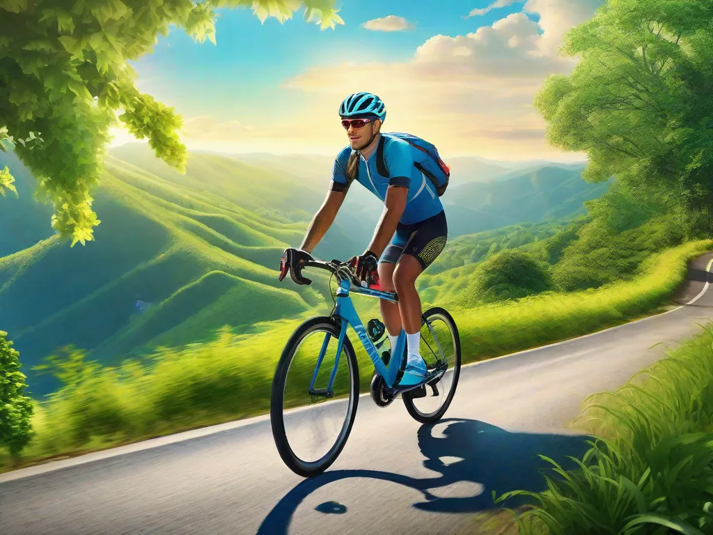 Descrição: Uma imagem vibrante de um ciclista pedalando por uma paisagem pitoresca no campo. O ciclista está vestindo uma camisa colorida de ciclismo e um capacete, com uma expressão determinada no rosto. O cenário mostra colinas ondulantes, campos verdes e um céu azul claro, simbolizando a jornada da vida e a inspiração encontrada no ciclismo.