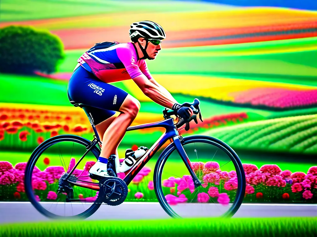 Descrição: Uma imagem vibrante de um ciclista pedalando por um cenário campestre pitoresco, cercado por campos verdejantes e flores coloridas. O ciclista está com uma expressão determinada, simbolizando a jornada da vida. A imagem captura a essência da inspiração e a analogia de que a vida é como andar de bicicleta.