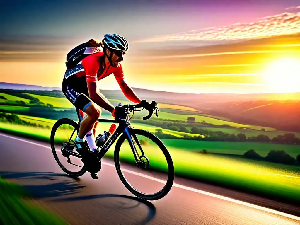 Uma imagem vibrante de um ciclista pedalando por uma paisagem pitoresca no campo, com o sol se pondo atrás dele. A estrada aberta se estende à frente, simbolizando a liberdade ilimitada do ciclismo. O rosto do ciclista está cheio de alegria e determinação, capturando a emoção de ultrapassar limites.