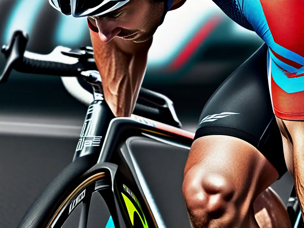 Descrição da imagem: Um close-up das pernas de um ciclista, mostrando os músculos em ação enquanto pedalam. A imagem captura a determinação e o foco no rosto do ciclista, destacando a importância do engajamento adequado dos músculos e da técnica para evitar desconforto durante os passeios.