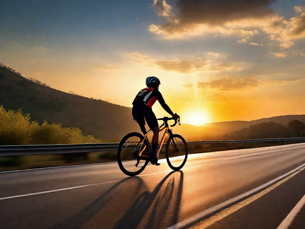 Uma imagem de um ciclista pedalando em direção ao pôr do sol, com os raios dourados da luz lançando um brilho quente na estrada à frente. A silhueta do ciclista contra o céu vibrante simboliza a sensação de realização e satisfação que vem ao alcançar o fim de uma jornada desafiadora.