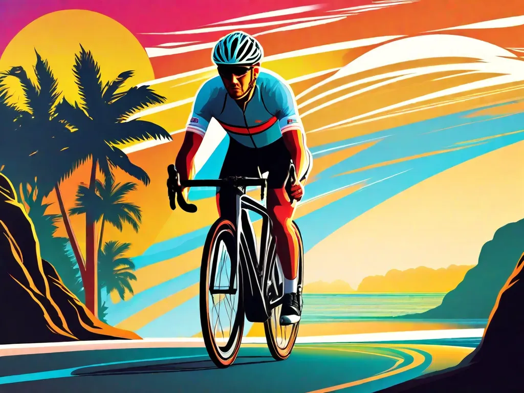 Descrição: Uma imagem vibrante de um ciclista pedalando ao longo de uma estrada costeira cênica, com o sol se pondo ao fundo. O ciclista está usando um capacete e uma expressão determinada, simbolizando a jornada da vida e a importância da perseverança e do equilíbrio.