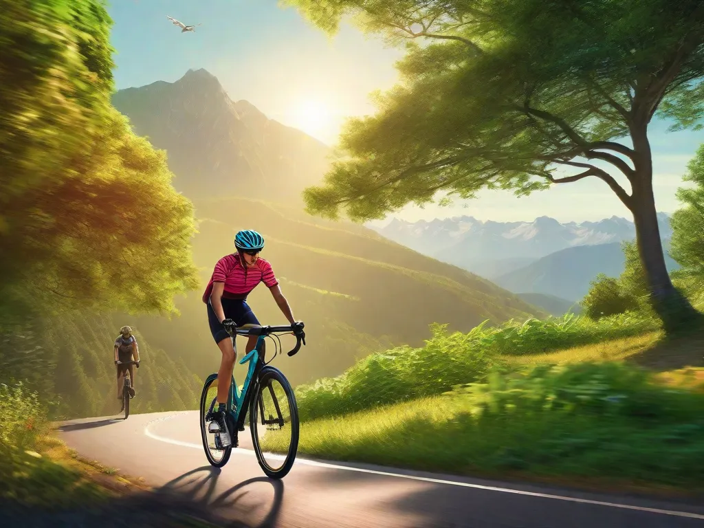 Descrição: Uma imagem vibrante mostrando uma pessoa pedalando uma bicicleta elegante em uma trilha cênica. O ciclista está rodeado por vegetação exuberante e lindas montanhas ao fundo. O sol brilha intensamente, criando uma atmosfera quente e convidativa. Essa imagem inspira o leitor a criar rotinas de exercícios com sua bicicleta na natureza.