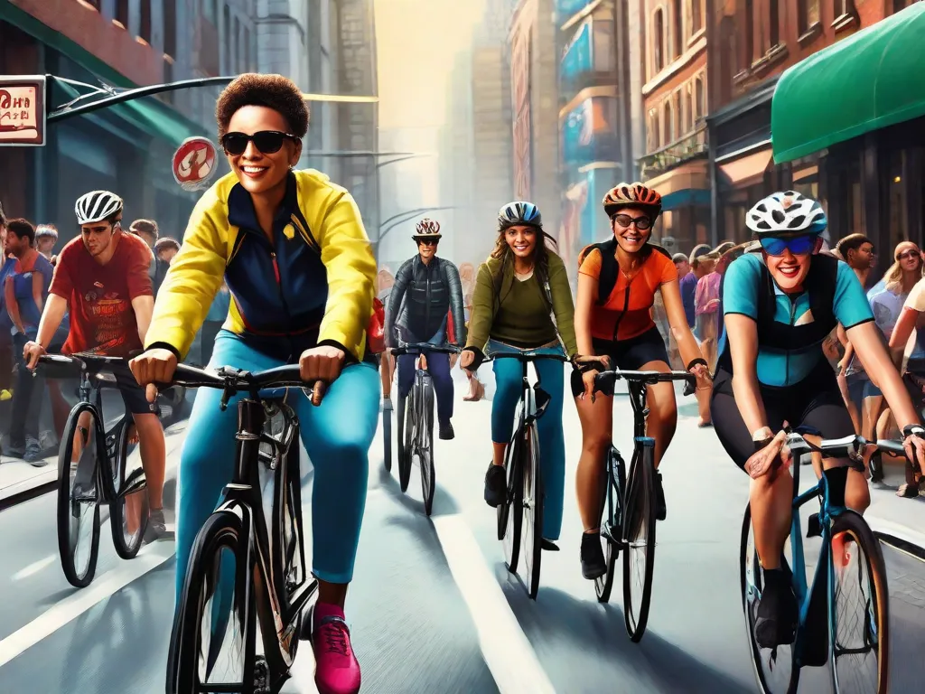 Uma imagem vibrante de uma movimentada rua da cidade, com ciclistas de todas as idades e origens pedalando confiantemente em suas bicicletas. A cena captura a crescente popularidade do ciclismo urbano, mostrando a diversidade e entusiasmo das pessoas que abraçam esse meio de transporte ecológico e saudável.