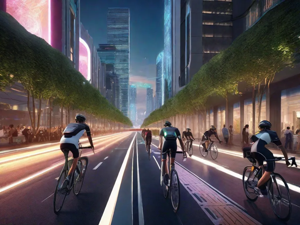 Uma imagem futurista de uma rua da cidade alinhada com ciclovias elegantes e iluminadas. As ciclovias são equipadas com tecnologia inteligente, exibindo atualizações de tráfego em tempo real e condições climáticas. Ciclistas são vistos deslizando sem esforço, rodeados por áreas verdes e arquitetura moderna, mostrando o surgimento de uma infraestrutura de bicicleta