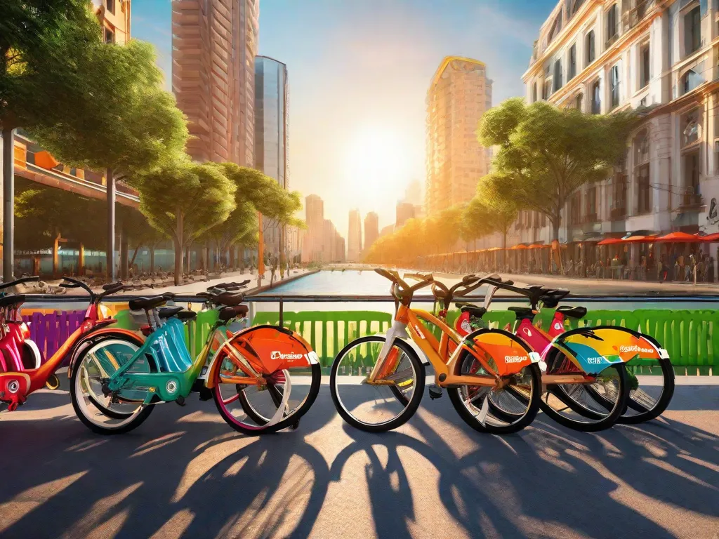 Descrição da imagem: Uma paisagem urbana vibrante com uma fileira de bicicletas coloridas alinhadas ao longo de uma estação de compartilhamento de bicicletas. O sol está brilhando e pessoas de todas as idades são vistas pedalando as bicicletas, desfrutando da liberdade e conveniência de alugar bicicletas do Itaú. A imagem captura a energia e a