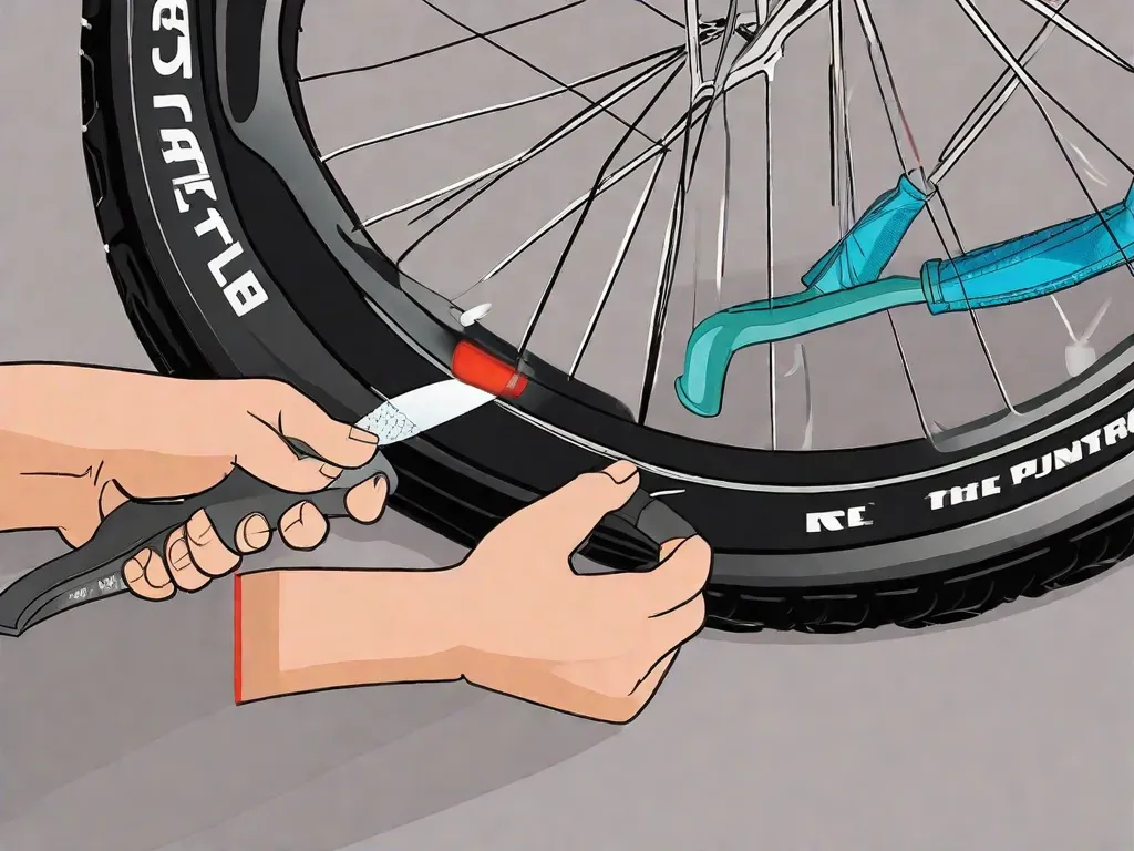 Descrição da imagem: Uma foto em close-up de um pneu de bicicleta com um furo visível. Uma mão segura um kit de reparo e o processo de consertar o pneu é mostrado passo a passo. A imagem mostra os passos de remover o pneu, localizar o furo, aplicar a cola, fixar o remendo e, por fim, reinflar o pneu.