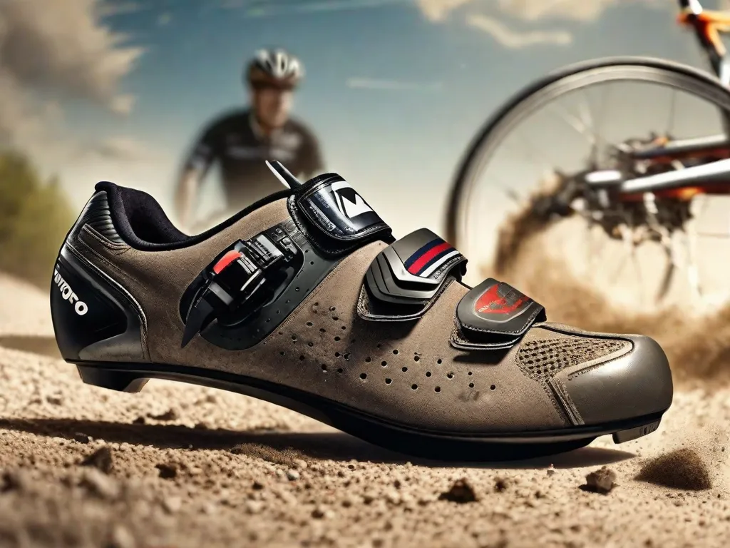 Uma imagem em close de um par de sapatilhas de ciclismo muito usadas, cobertas de sujeira e arranhões, com uma legenda que diz 
