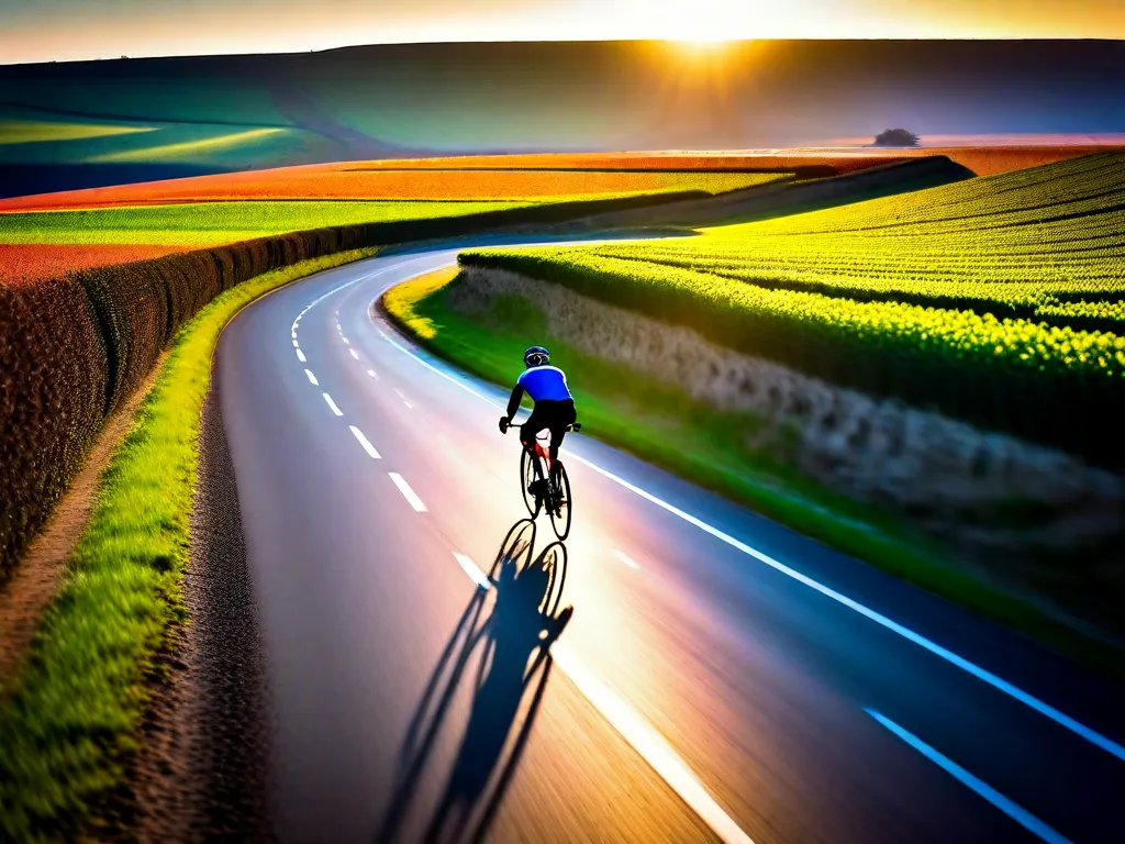 A imagem retrata uma estrada sinuosa e pitoresca rodeada por árvores exuberantes. Um ciclista solitário está pedalando com determinação, simbolizando a jornada da vida. A paisagem ao redor reflete a diversidade e a beleza que podemos encontrar ao explorar novos caminhos.