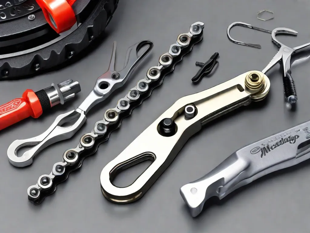 Uma imagem em close-up de uma corrente de bicicleta com uma seleção de ferramentas essenciais dispostas ao lado dela. As ferramentas incluem um quebra-corrente, uma chave de corrente, uma chave de cassete e um par de alicates. Essas ferramentas são necessárias para ajustar e manter a corrente da bicicleta.