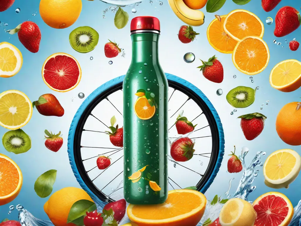 Uma imagem em close-up de uma garrafa de água com gotas de água em sua superfície, cercada por frutas coloridas como laranjas, morangos e bananas. As cores vibrantes representam a importância da nutrição e hidratação para melhorar a resistência durante o ciclismo.