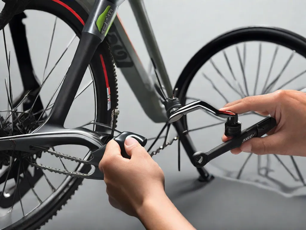 Uma imagem de uma pessoa usando uma pequena ferramenta para ajustar a alavanca de freio em uma bicicleta. O foco está na mão segurando a ferramenta, com a alavanca de freio ao fundo. A imagem captura a precisão e atenção aos detalhes necessários para manter o desempenho ideal dos freios.