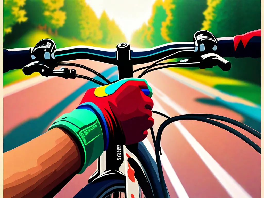 Descrição: Uma imagem em close-up de um par de mãos segurando o guidão de uma bicicleta vermelha brilhante. As mãos estão cobertas por luvas coloridas de ciclismo, prontas para embarcar em uma nova aventura. A bicicleta está posicionada em um caminho iluminado pelo sol, cercado por árvores verdes exuberantes, simbolizando o início de uma jorn