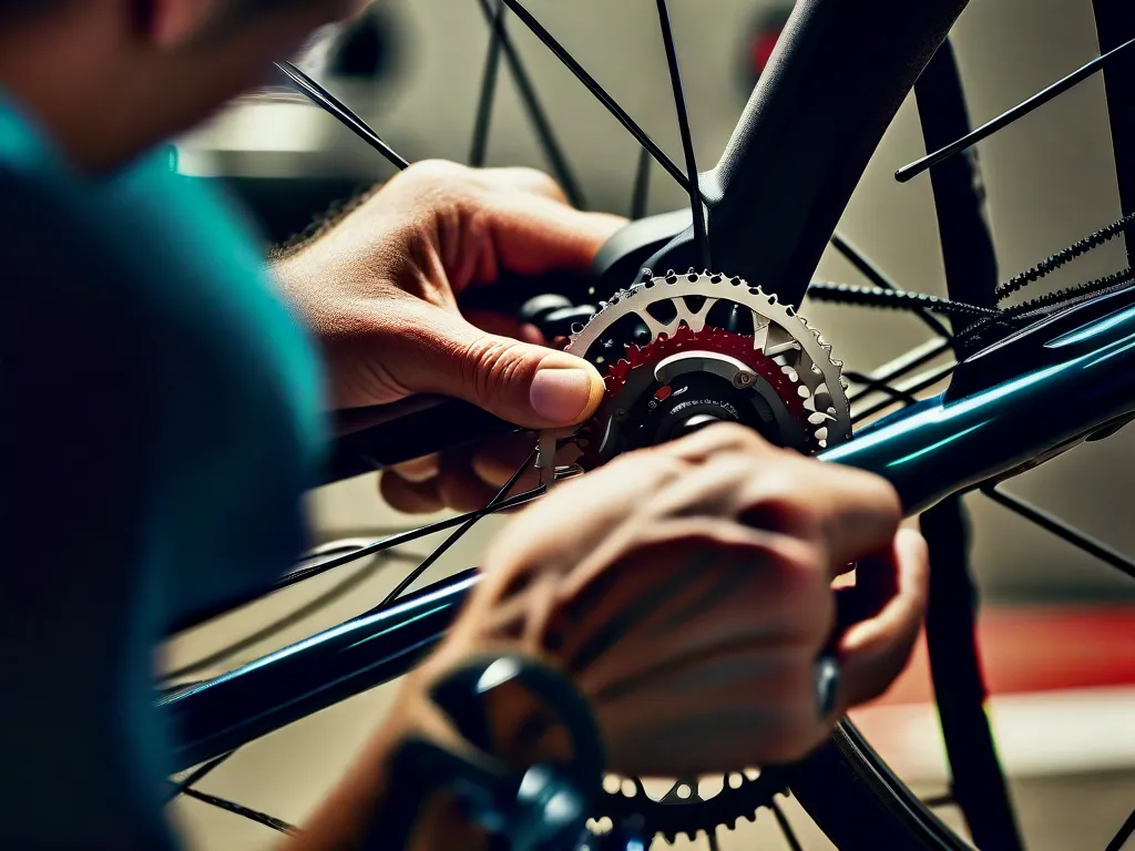 Uma imagem em close das mãos de um mecânico de bicicleta ajustando delicadamente as marchas de uma bicicleta. O foco está na precisão e atenção aos detalhes necessários para garantir um passeio suave e eficiente.