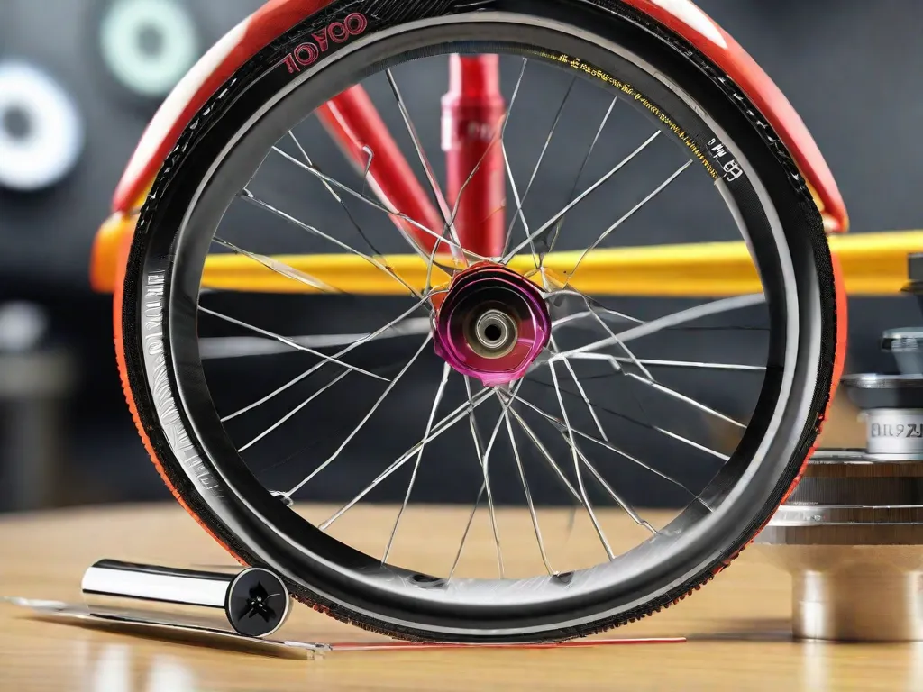 Descrição: Uma imagem em close-up de uma fita métrica envolta na circunferência de uma roda de bicicleta, mostrando a medida em milímetros. O foco está em medir com precisão o diâmetro da roda, destacando a importância da medição adequada para escolher os componentes e acessórios corretos para a bicicleta.