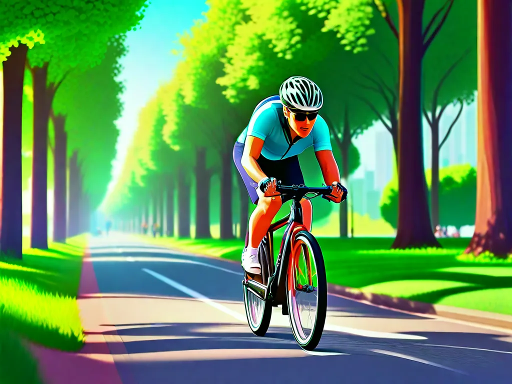 Descrição: Uma imagem em close-up de um pneu de bicicleta brilhante rolando em uma estrada lisa e pavimentada. A luz do sol reflete no pneu, mostrando seu design elegante e destacando a empolgação de embarcar em uma jornada de ciclismo.