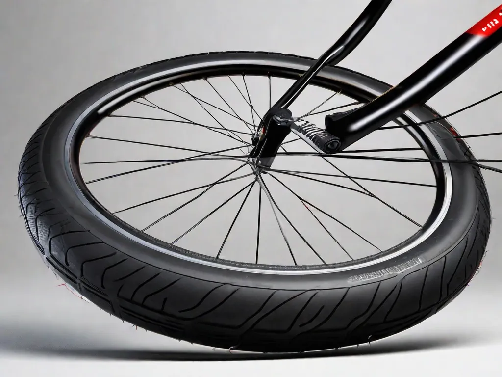 Descrição da imagem: Um close-up de um pneu de bicicleta, com um pequeno furo claramente visível. O pneu está ligeiramente murcho, e um dedo está apontando diretamente para o buraco, indicando a localização do furo.
