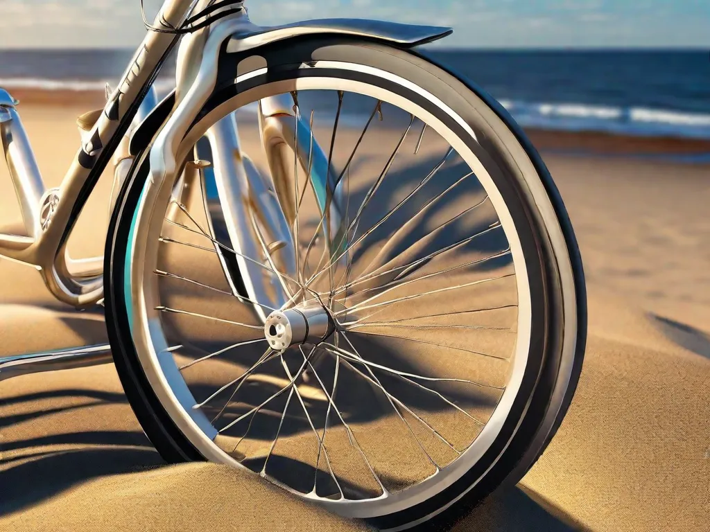 Descrição da imagem: Um close-up de uma roda de bicicleta descansando em uma praia de areia, com as ondas do oceano batendo ao fundo. O sol está se pondo, lançando um brilho quente e dourado na cena. Essa imagem representa a conclusão de um post de blog sobre bicicletas, simbolizando o fim de uma jornada e a tranquilidade da natureza.