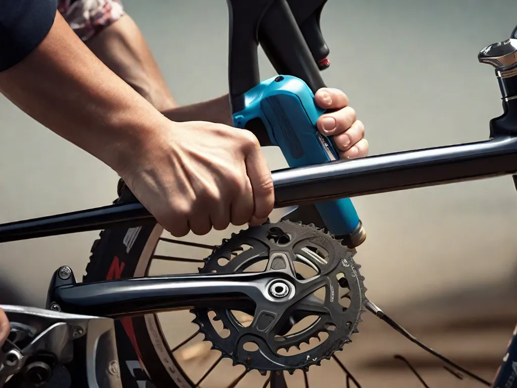 Descrição da imagem: Um close-up da mão de uma pessoa segurando uma chave inglesa, enquanto solta o pedal de uma bicicleta. O foco está na ferramenta e no pedal, destacando o processo passo a passo de remover os pedais para manutenção ou substituição.