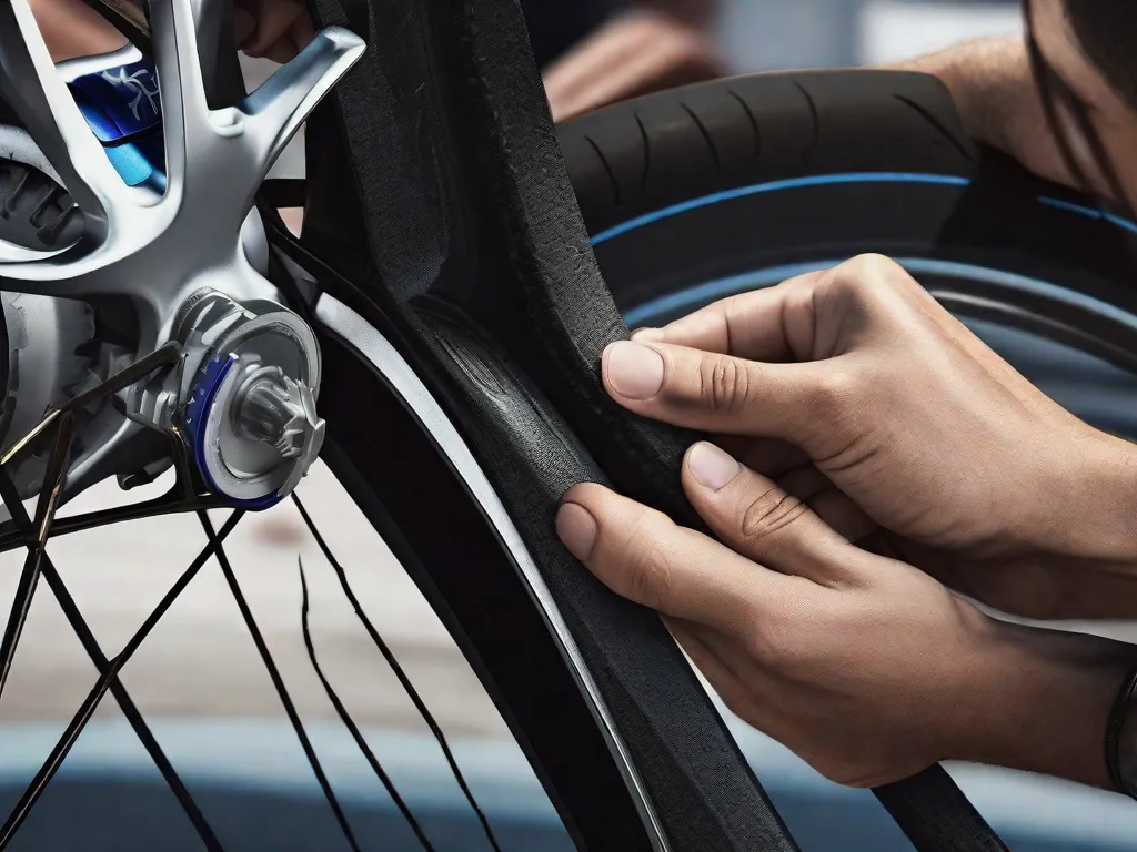 Descrição da imagem: Um close-up de um par de mãos segurando uma alavanca de pneu, enquanto ela é inserida entre o pneu e a borda da roda de uma bicicleta. As mãos estão aplicando pressão, cuidadosamente separando o pneu da borda para facilitar sua remoção.