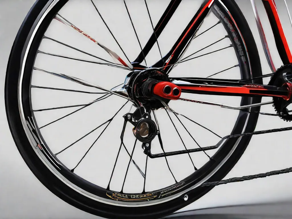 Descrição da imagem: Um close-up de uma roda de bicicleta, mostrando os diferentes componentes da estrutura da roda da bicicleta. A imagem destaca os padrões dos raios, o cubo e o pneu, fornecendo uma representação visual dos aspectos técnicos de uma roda de bicicleta.