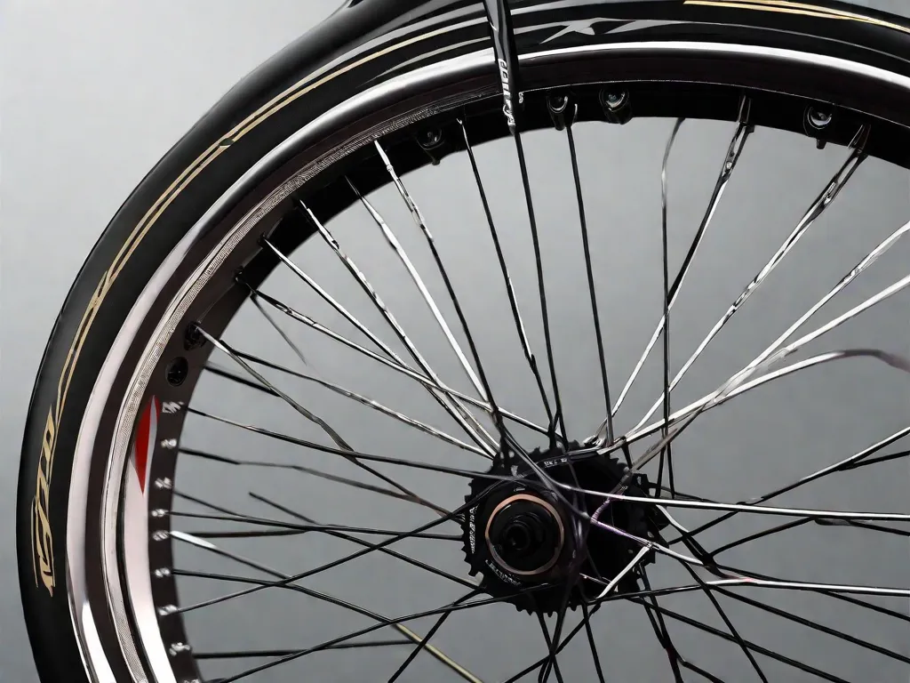 Uma imagem em close-up de uma roda de bicicleta mostrando as principais características do aro da bicicleta. A imagem destaca o padrão dos raios, o material usado para o aro e quaisquer elementos de design exclusivos.