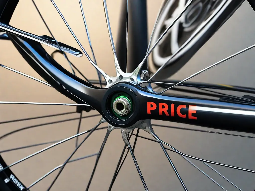 Descrição da imagem: Um close-up de uma roda de bicicleta com uma etiqueta de preço presa a um dos raios. A etiqueta exibe a faixa de preço médio para bicicletas de forma clara e visível. A imagem representa a importância de conhecer o preço médio ao tomar decisões informadas sobre a compra de uma bicicleta.