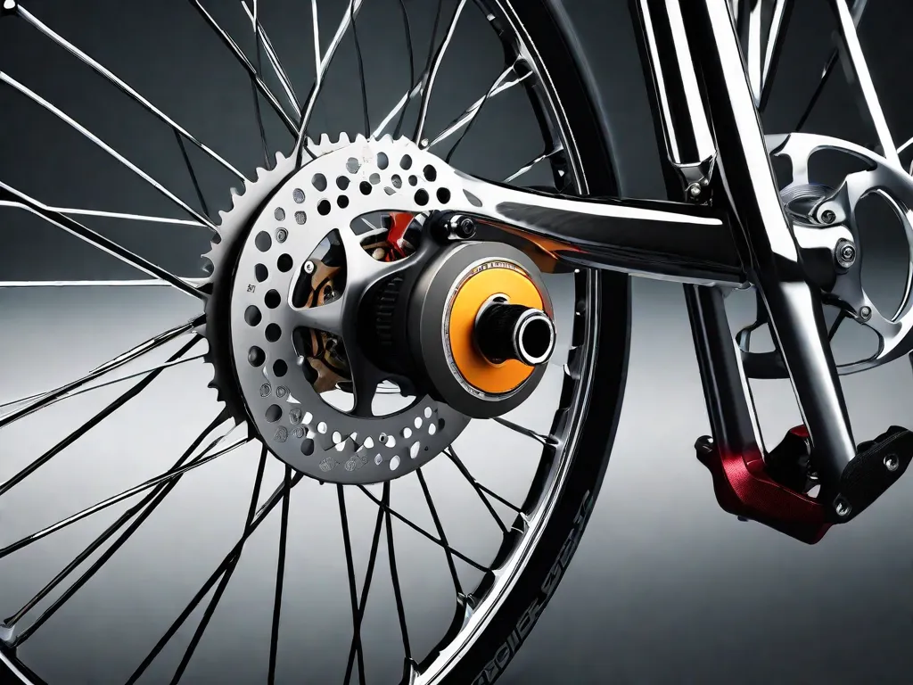 Descrição da imagem: Um close-up de uma roda de bicicleta com um sistema de freio a disco. O disco metálico brilhante está montado no cubo, e a pinça de freio é visível, com suas pastilhas de freio posicionadas em ambos os lados do disco. A imagem destaca a tecnologia de frenagem moderna e eficiente usada nos freios a disco para bicicletas.
